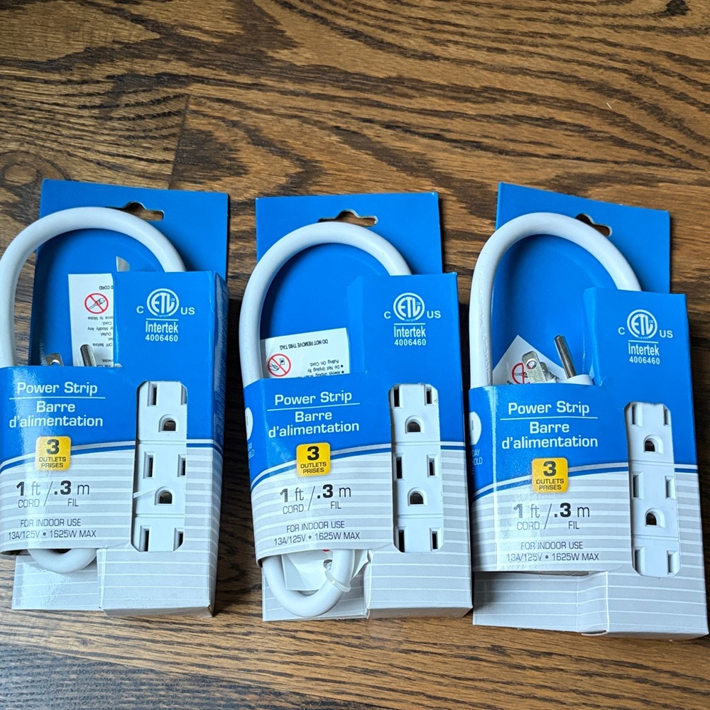 3 packs of 3-Outlet Power Strip with 1 ft Cord